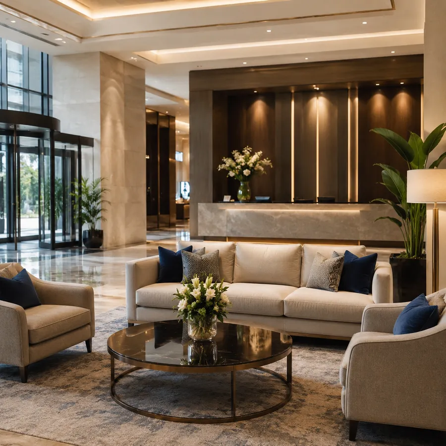 Recepción de hotel con tapicerías y sofás cuidados en Vigo
