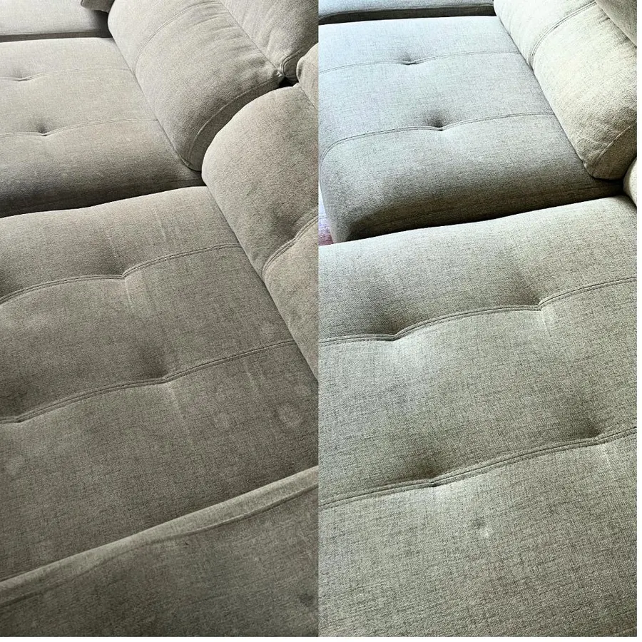 Sofá gris antes y después de limpieza profesional en Vigo