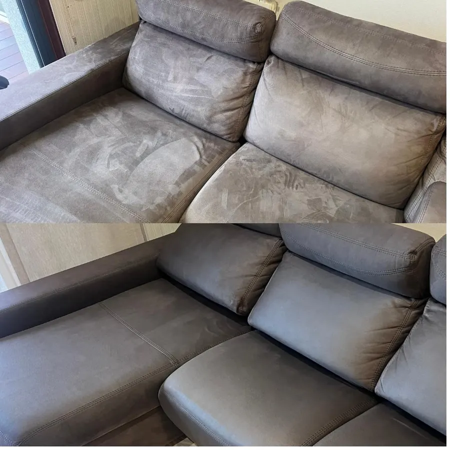 Sofá de tejido microfibra antes y después de limpieza profunda