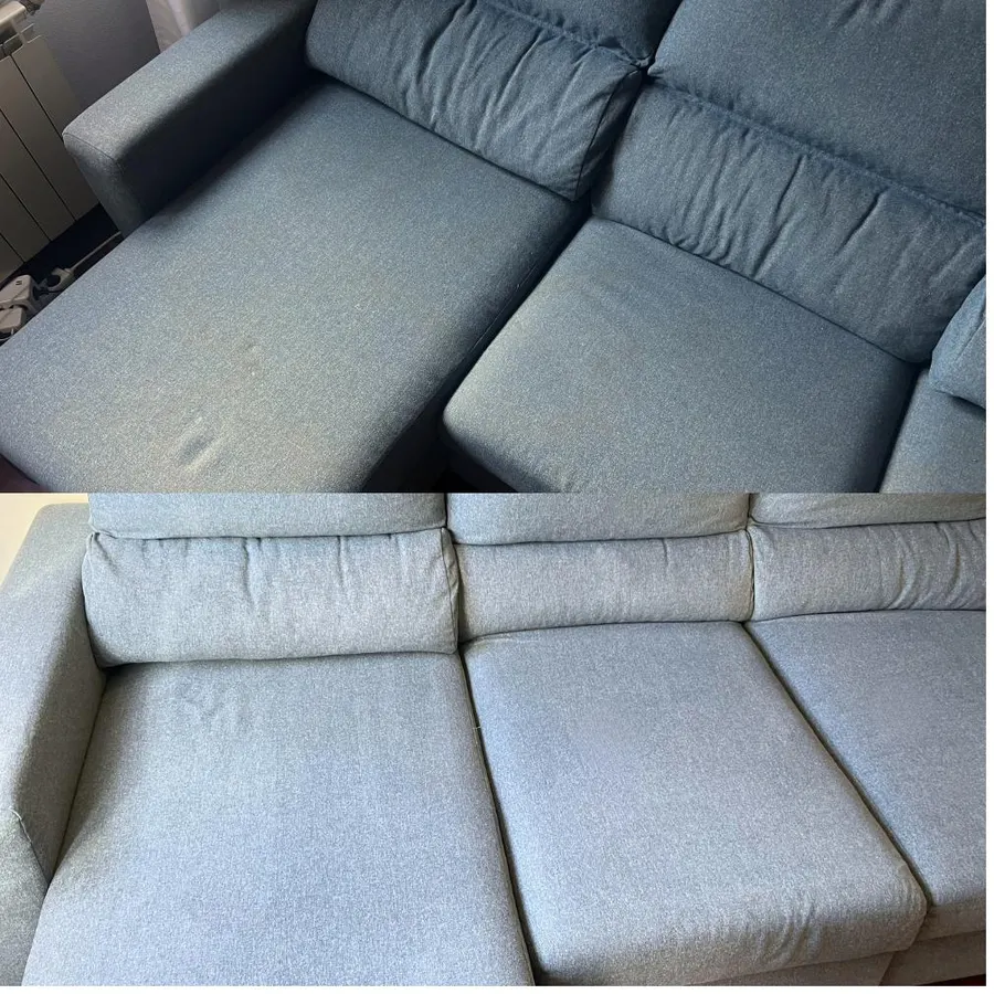Sofá chaise longue antes y después de limpieza con extracción