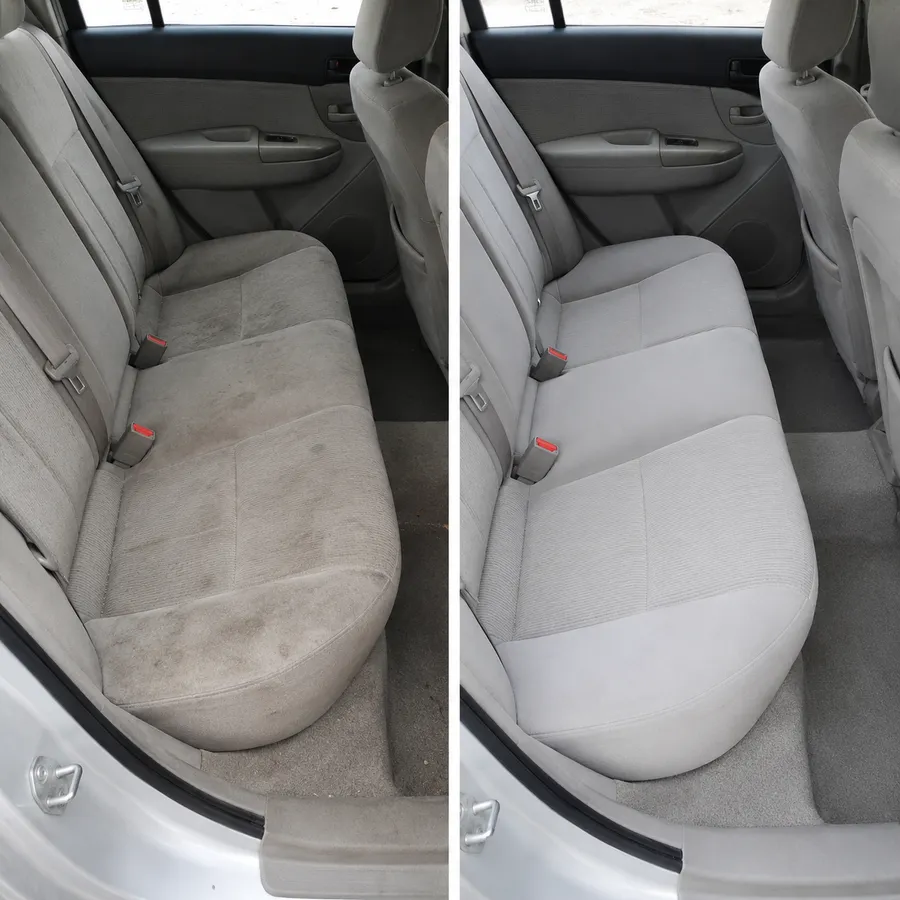 Asientos de coche antes y después de limpieza profesional en Vigo